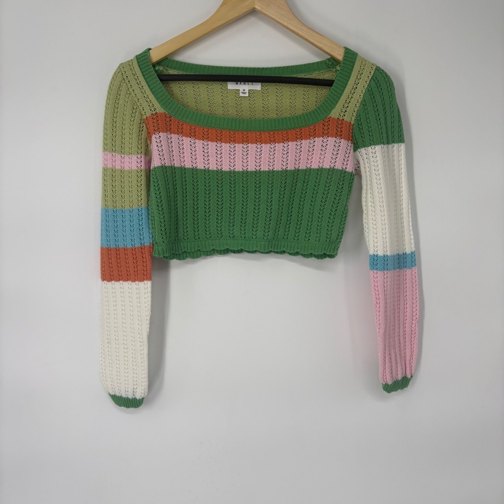 Mable Striped Pointelle Knit Cropped Sweater M‎ Square Neck Rainbow Twee Hippie